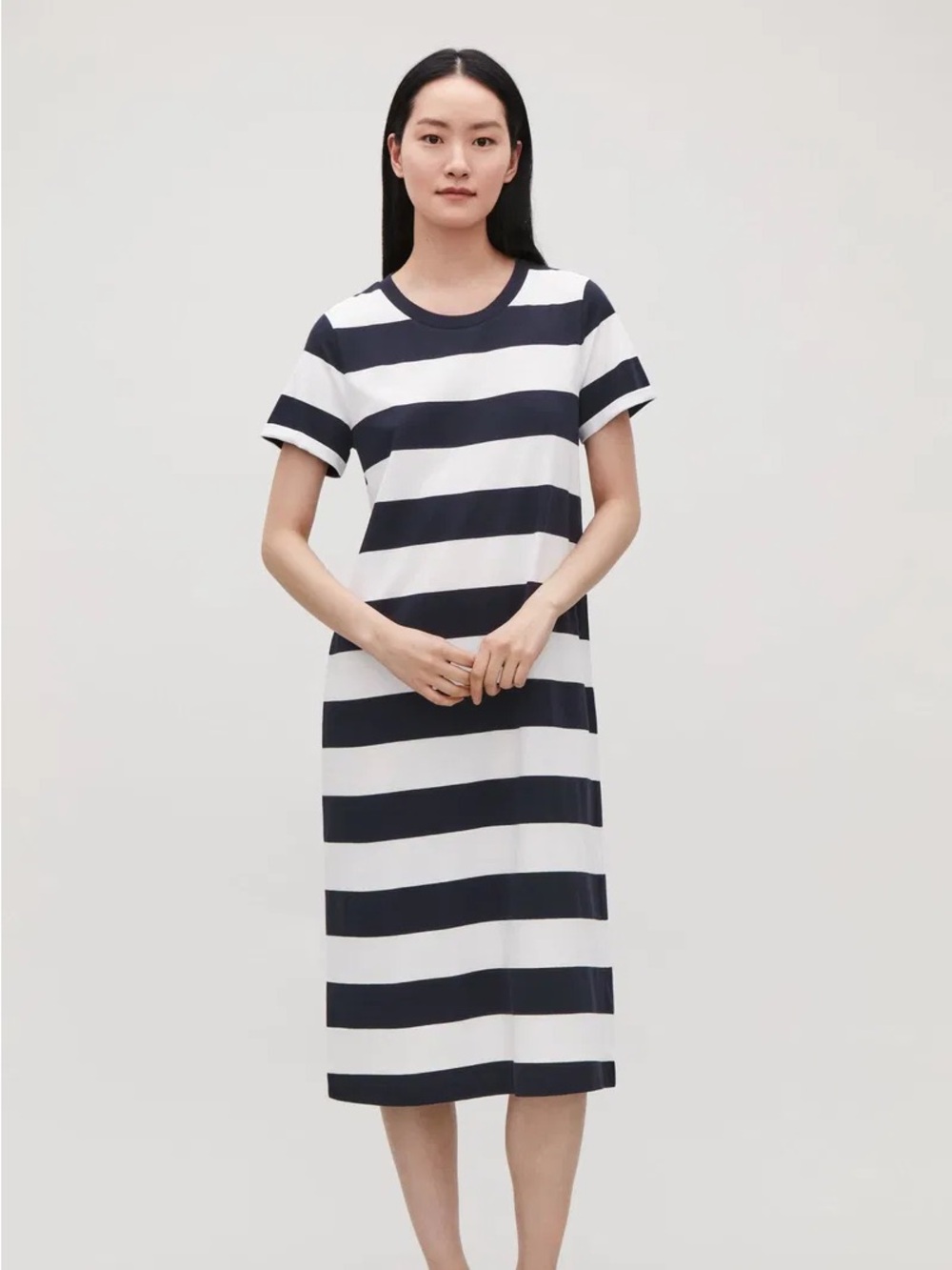 COS Sz S Striped Nautical Navy White Relaxed Cotton Midi Dress